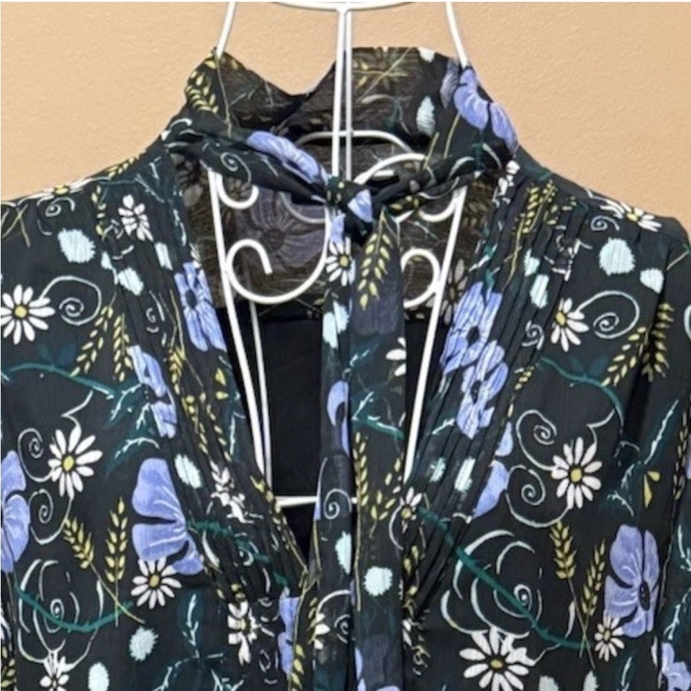 Banana Republic Floral Chiffon Midi Dress Long Sleeve Lined Black Blue XL - Picture 3 of 7